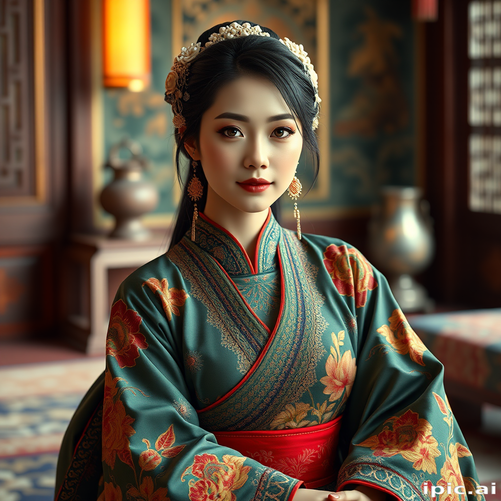 A beautiful woman in traditional East Asian attire, intricately detailed with embroidered patterns, sitting gracefully in a richly decorated room, soft ambient lighting, serene and elegant, ultra-realistic, 8K resolution