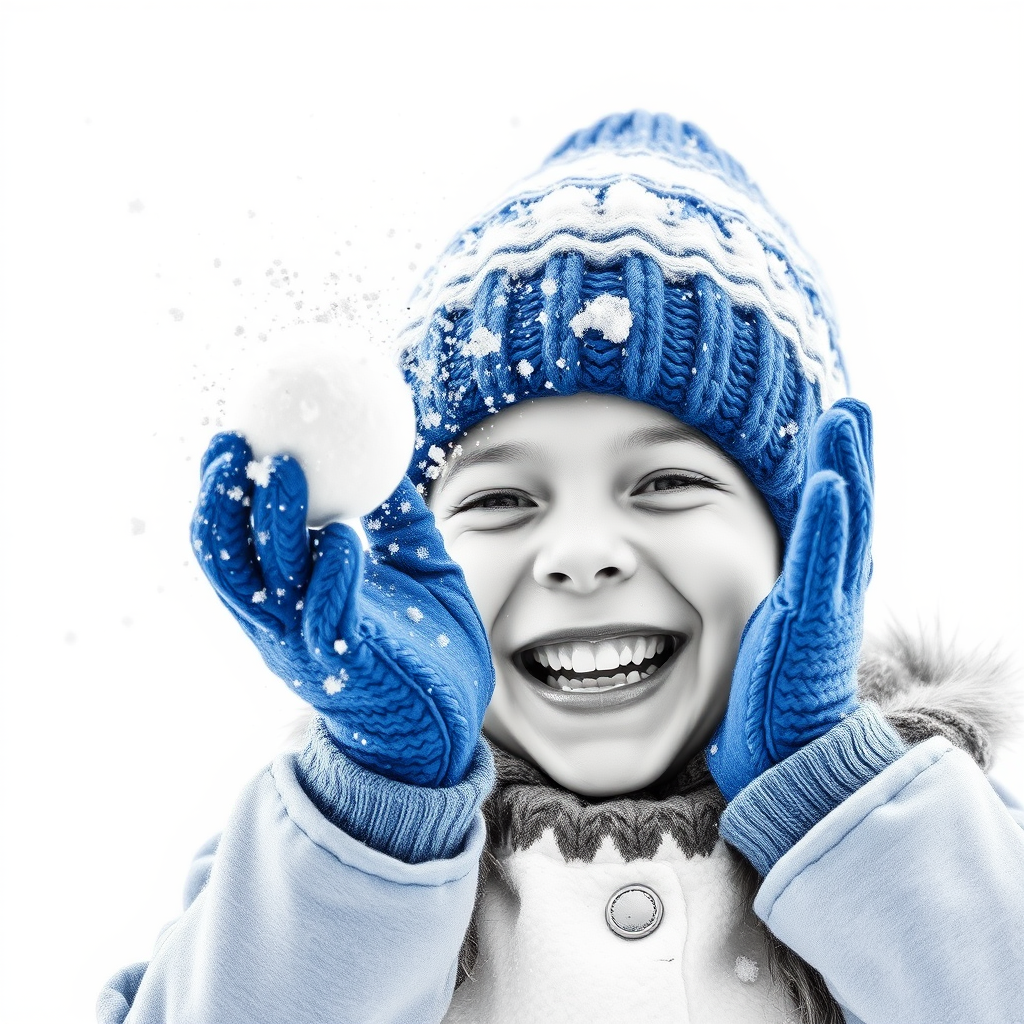 A hyperdetailed photorealistic macro image black and white pencil sketch of a young girl getting hit by a snowball during a snowball fight. She is wearing a brilliant sapphire blue wool beanie and bright blue mittens. She is trying to block the snowball by putting her hands up. The snowball hits her beanie and disintegrates into myriad tiny snowflakes caught with high speed photography. The girl is laughing and having a wonderful time.