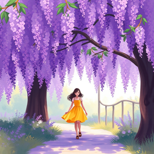 create a digital illustration of a girl in a yellow dress walking under a large, vibrant wisteria tree with cascading purple flowers, using a soft focus lens, aperture f/4, ISO 200, 50mm prime lens, with a pastel color palette and impressionistic style