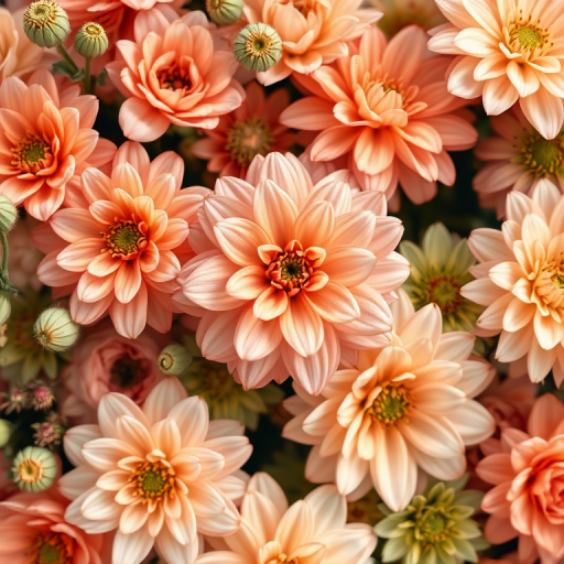 Regenerate a vibrant floral pattern featuring a variety of flowers in soft peach, pink, orange, and green hues, captured with a macro lens at f/2.8 for a shallow depth of field, using a DSLR camera with a 50mm lens and natural lighting to enhance texture and detail.
