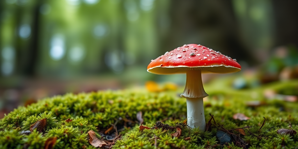 A vibrant red toadstool mushroom on a mossy ground with a blurred forest background, shot with a Canon EOS 5D Mark IV at f/2.8, 1/125 sec, ISO 100, using a 50mm lens in a shallow depth of field.