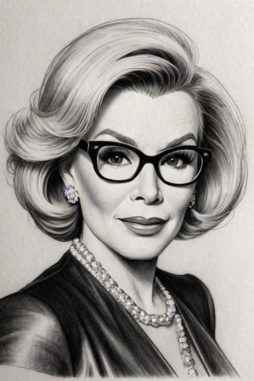 Graceful Joan Rivers, pencil sketch, portrait of Dazzling woman 1937s in glasses, hair style beatnik, outline, clear lines, fine lines, 8k