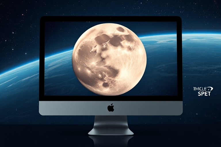Create a high-resolution image of a large moon and Earth in space displayed on a sleek Apple desktop computer screen, captured with a DSLR camera at f/8 aperture, ISO 100, 24mm focal length, with a clear view and vibrant colors.