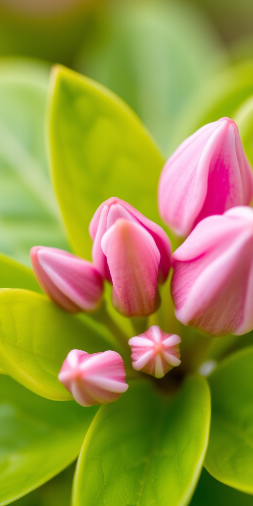 Capture a close-up of pink buds nestled among vibrant green leaves with a shallow depth of field, using a DSLR camera with a 50mm lens at f/2.8, ISO 200, and a shutter speed of 1/250 sec, natural lighting.
