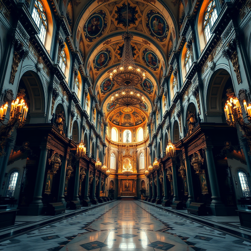 Interior of a grand cathedral showcasing ornate decorations, intricate chandeliers casting warm light, high arched ceilings, polished marble floor reflecting light, captured with a full-frame DSLR camera, 24mm lens, f/1.8 aperture, ISO 400, natural lighting for enhanced depth and detail.