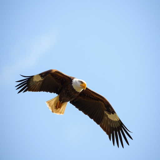 Create an image of an eagle in mid-flight against a clear sky, using a DSLR camera with a 300mm lens, f/5.6 aperture, ISO 100, shutter speed 1/1000s, shot from a low angle to capture detail in feathers and wing span, in a vibrant, high-contrast style.