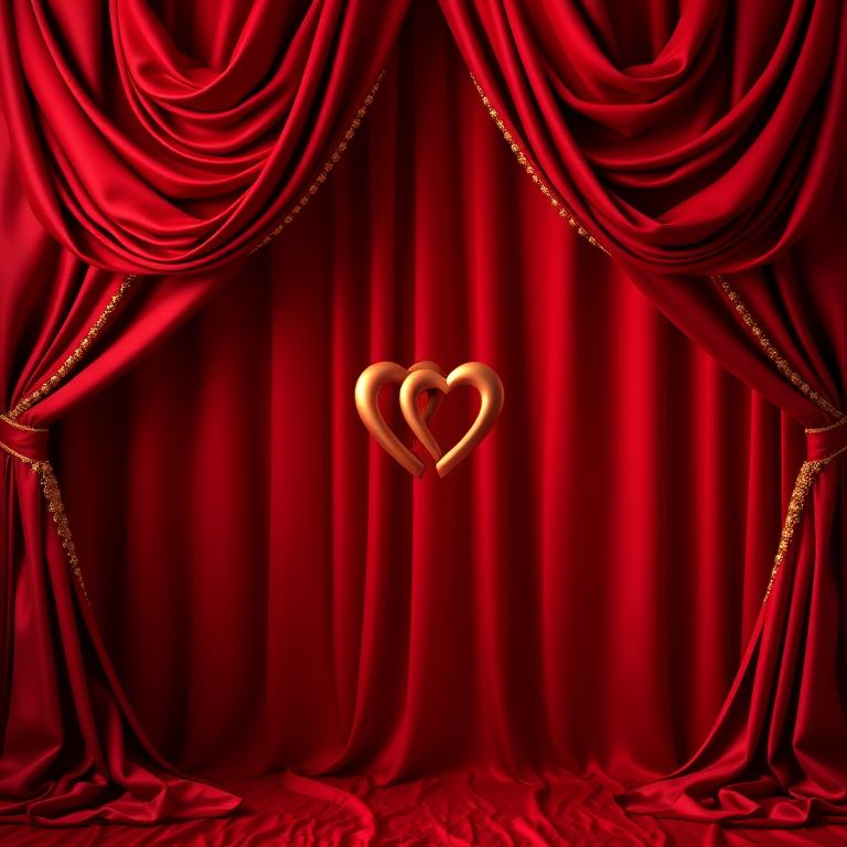 Create an elegant background featuring a rich red drapery with golden accents and a pair of intertwined hearts in the center, use a DSLR camera with a 50mm lens, f/2.8 aperture, ISO 100, and a soft focus effect for enhanced depth and detail.
