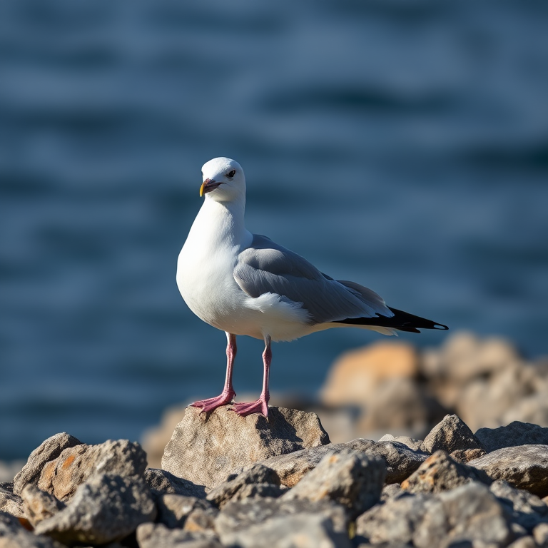 Seagull perched on a rocky shore with a blurred blue background, shot in natural light using a DSLR camera with a 50mm lens, aperture f/2.8, ISO 100, 1/2000 sec shutter speed, focus on the bird to enhance sharpness and detail.