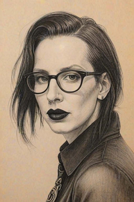 Splendid Marilyn Manson, pencil sketch, portrait of Delightful woman 1939s in glasses, hair style beatnik, outline, clear lines, fine lines, 8k