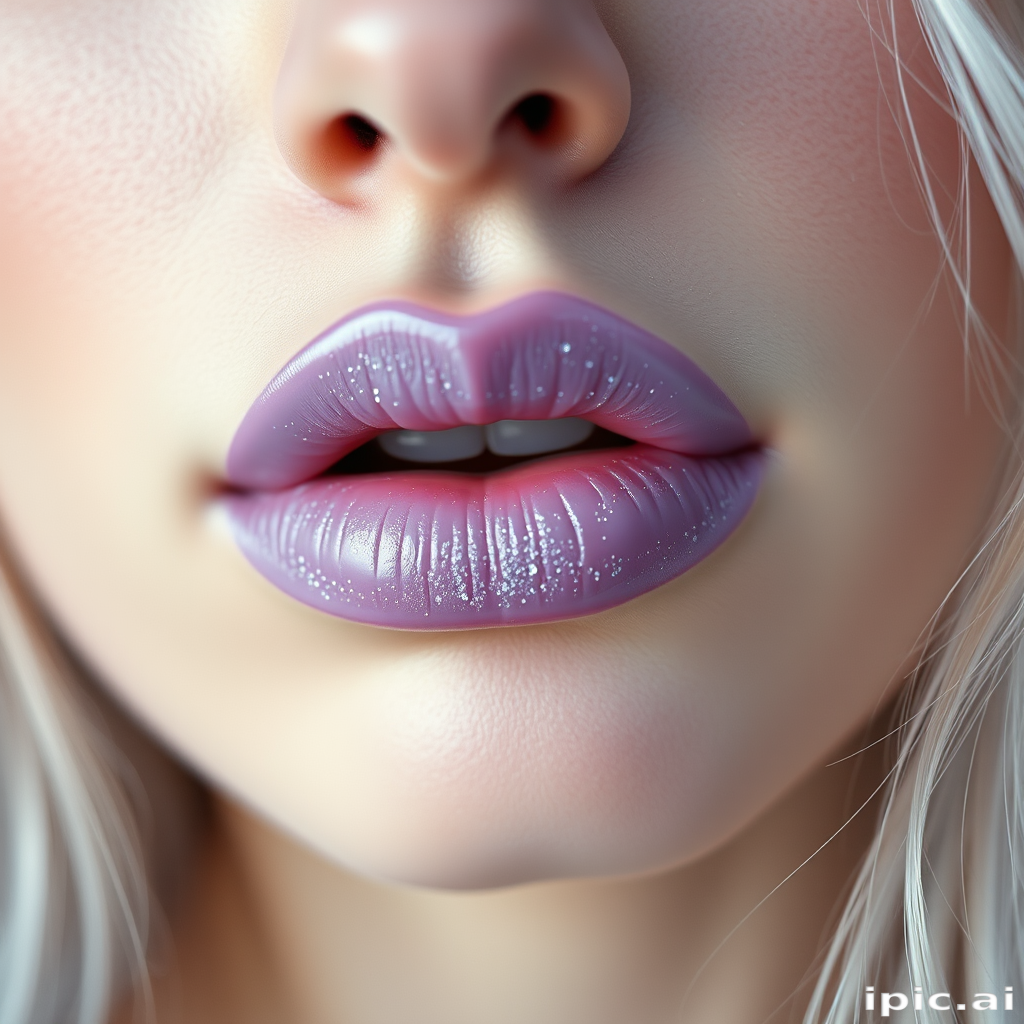 Ethereal woman lips adorned with a frosted lilac lipstick, cool-toned and ethereal, slightly shimmering, evoking a dreamy and otherworldly aesthetic