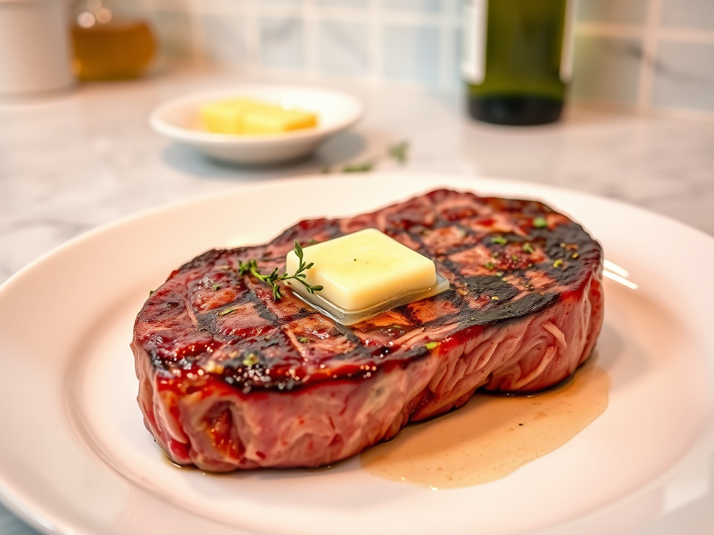Create an image of a perfectly seared ribeye steak, resting on a white plate with a pat of melting butter on top. The steak is seasoned with fresh herbs like thyme and parsley, with glistening juices highlighting the texture of the meat. The background features a soft focus on a light, marble countertop, with a small dish of butter and an olive oil bottle in the distance. The overall mood should be warm and inviting, capturing the deliciousness and juiciness of the steak.