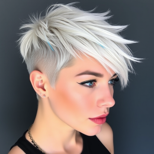 Striking platinum blonde pixie cut with edgy electric blue tips, Ice Queen Rebel design, showcasing razor-sharp layers and asymmetrical fringe, textured for maximum impact and effortless cool