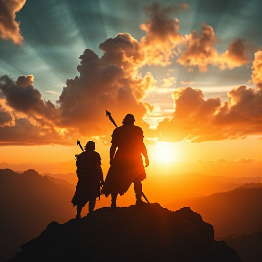 Create a majestic image of three ancient warriors standing on a mountain peak at sunset, with dramatic clouds and golden light illuminating their figures, using a DSLR camera with a 50mm lens, aperture f/1.8, ISO 200, and a 1/250 shutter speed, captured in a cinematic style with a slight warm filter for enhanced atmospheric effect.