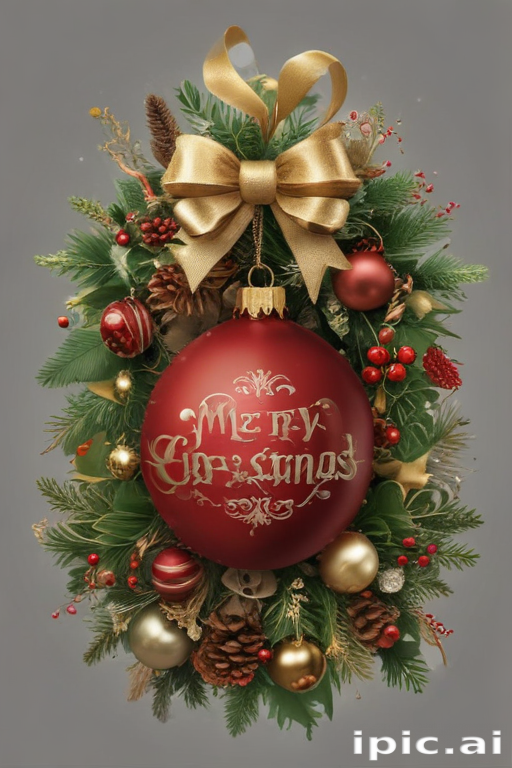 Festive Holiday Wreath Featuring a Red Ornament and Golden Bow Decorations