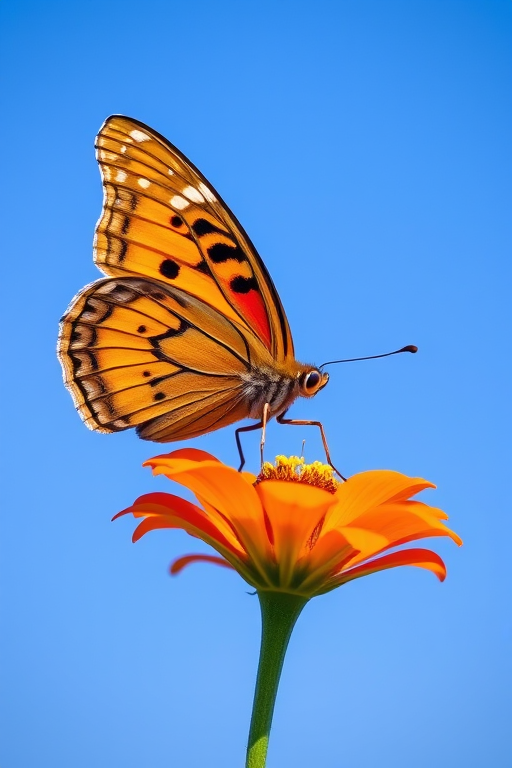 Generate an image of a butterfly perched on a vibrant orange flower with a clear blue sky in the background. The butterfly should display intricate patterns on its wings, featuring shades of brown, orange, and black, with white spots. The flower should have bright petals and a green stem.