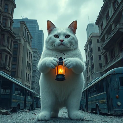 A giant white cat holding a lantern in a post-apocalyptic cityscape with crumbling buildings and abandoned buses, using a Canon EOS R5 camera at f/1.8, 35mm lens, ISO 100, 1/200s, low-angle view with dramatic lighting and a cinematic style.