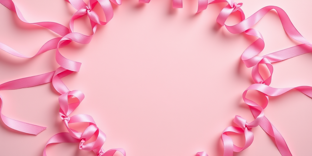 Create a circular frame made of delicate pink ribbons arranged symmetrically, with a soft pastel background, capturing the image using a DSLR camera at f/2.8 aperture, ISO 100, with a 50mm lens in a top-down view.
