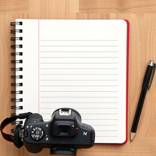 create a blank lined notebook page with a spiral binding, DSLR camera, aperture f/2.8, shutter speed 1/60s, ISO 200, top-down view, high-resolution, natural lighting