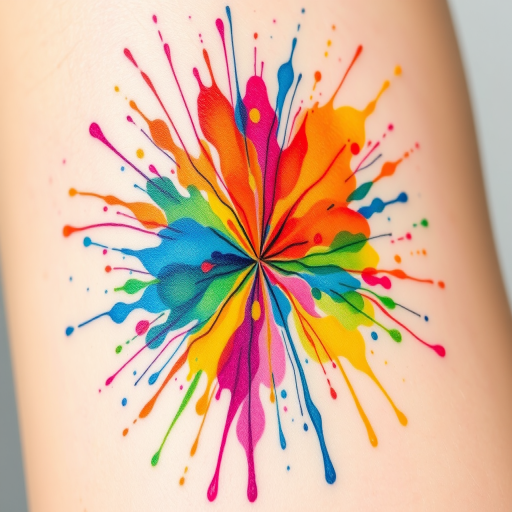 Watercolor splash tattoo named "Prismatic Explosion" showcasing a burst of vibrant rainbow colors that appear to explode outwards from a central point, with delicate splatters and drips creating a sense of movement and energy, perfect for those who want to express their colorful personality and zest for life through their body art.
