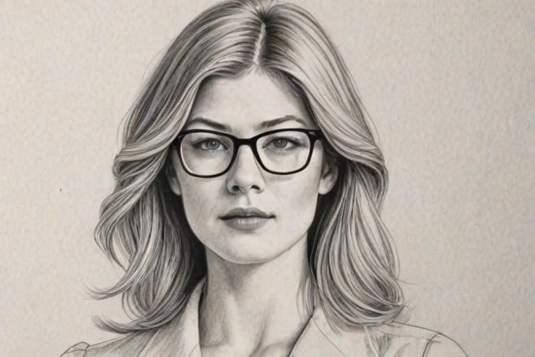 Delightful Rosamund Pike, pencil sketch, portrait of Captivating woman 1972s in glasses, hair style beatnik, outline, clear lines, fine lines, 8k