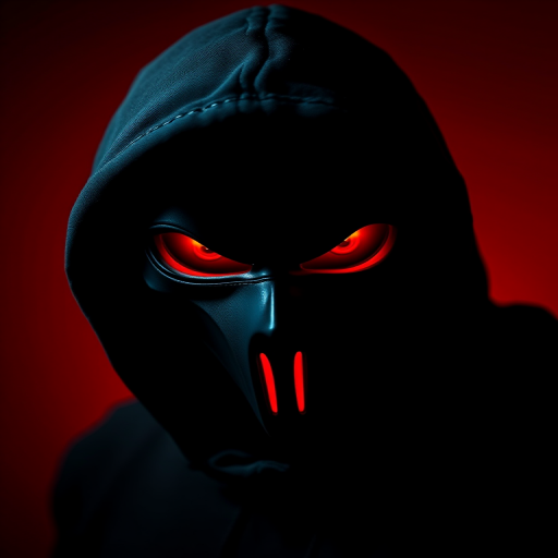 A mysterious figure with illuminated red eyes wearing a hooded mask, set against a vibrant red background, captured with a Canon EOS R5, 50mm lens, aperture f/1.8, ISO 100, shallow depth of field, dramatic lighting for enhanced contrast and sharp details.