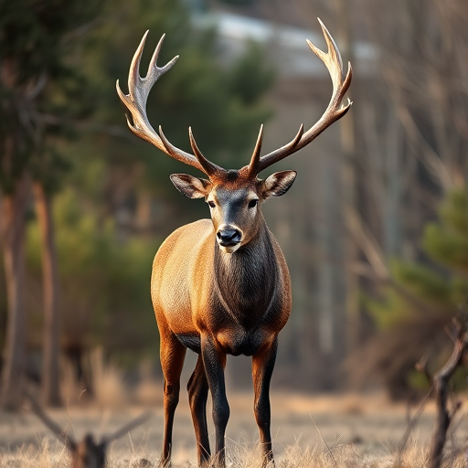 A majestic stag with impressive antlers standing in a natural pose, captured in high resolution using a DSLR camera, 85mm lens, f/2.8 aperture, ISO 100, shot from a low angle view to emphasize its stature and form, with soft natural lighting for enhanced detail and textures.