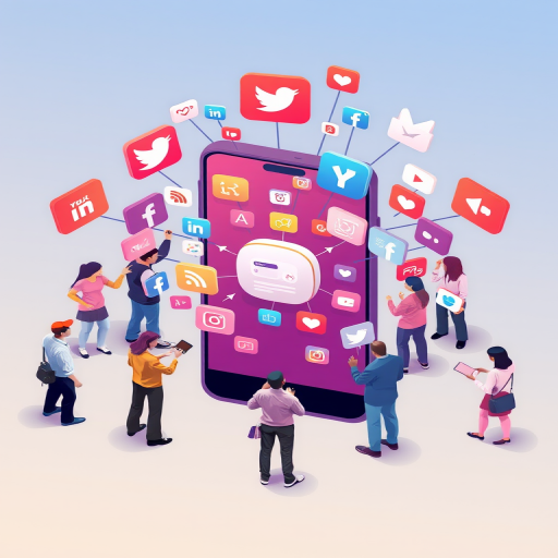create an illustration of various people interacting with social media icons around a large smartphone, vibrant colors, soft shadows, high resolution, taken with a DSLR camera, f/2.8 aperture, 50mm lens, shot from an elevated angle, wide shot
