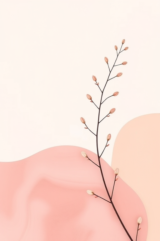 Create an abstract minimalist background featuring soft pink and beige organic shapes, with simple line art of a plant; use a Canon EOS R5 camera at f/2.8, ISO 100, and shutter speed 1/60s for enhanced detail, macro view with high color saturation and contrast, capturing the smooth texture and fluid lines.