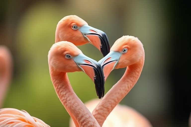 A close-up shot of two flamingos interacting, captured with a Canon EOS 5D Mark IV, 50mm lens, f/2.8 aperture, ISO 200, soft natural lighting and blurred background for a smooth bokeh effect.