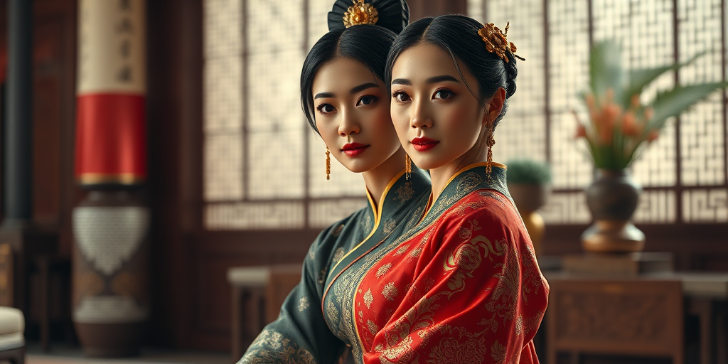 A beautiful woman in traditional East Asian attire, intricately detailed with embroidered patterns, sitting gracefully in a richly decorated room, soft ambient lighting, serene and elegant, ultra-realistic, 8K resolution
