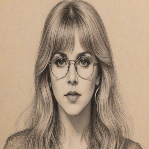 Magnificent Stevie Nicks, pencil sketch, portrait of Appealing woman 1926s in glasses, hair style beatnik, outline, clear lines, fine lines, 8k