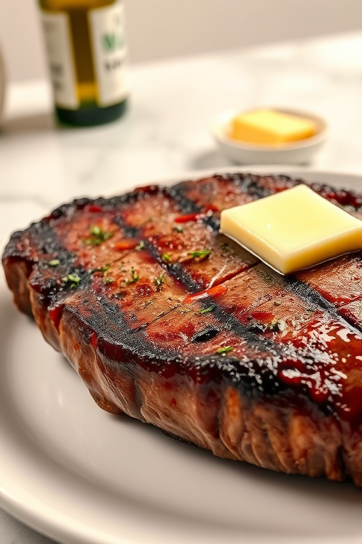 Create an image of a perfectly seared ribeye steak, resting on a white plate with a pat of melting butter on top. The steak is seasoned with fresh herbs like thyme and parsley, with glistening juices highlighting the texture of the meat. The background features a soft focus on a light, marble countertop, with a small dish of butter and an olive oil bottle in the distance. The overall mood should be warm and inviting, capturing the deliciousness and juiciness of the steak.