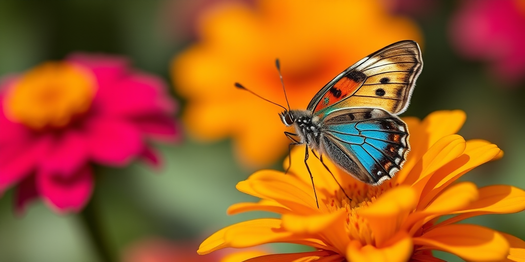 Capture a close-up of a colorful butterfly on a vibrant flower with a shallow depth of field, using a Canon EOS 5D Mark IV, 100mm f/2.8 macro lens, ISO 100, aperture f/2.8, and a shutter speed of 1/200s, in natural soft lighting.