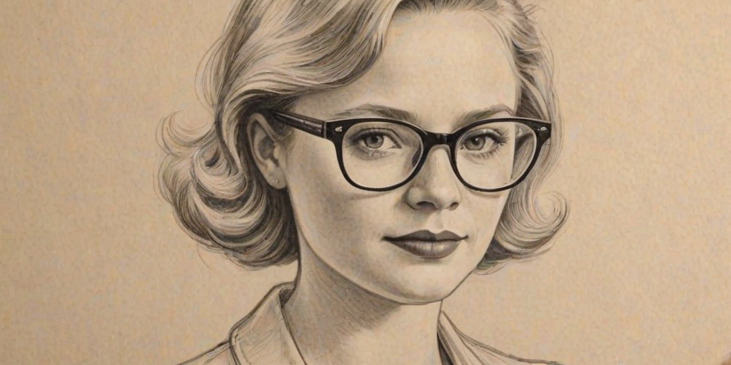 Exquisite Lauren Potter, pencil sketch, portrait of Superb woman 1938s in glasses, hair style beatnik, outline, clear lines, fine lines, 8k