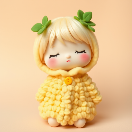 A cute doll resembling a *cereal*, dressed in a fluffy yellow coat that mimics the texture of corn kernels. The doll has soft, closed eyes and light blonde hair, adorned with green leaves and a yellow button at the collar. The background is a soft beige to complement the colors of the doll, and the overall style is whimsical and pastel, emphasizing a cozy, huggable appearance.