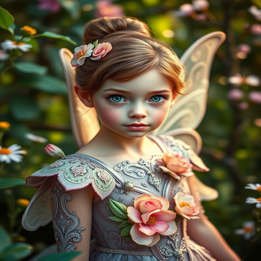 Create a highly detailed portrait of a young fairy with large green eyes and delicate features, wearing an ornate gown adorned with flowers, surrounded by lush greenery and blooming flowers, shot with a DSLR camera at 85mm, f/1.8, ISO 100, natural light for a soft, ethereal effect.