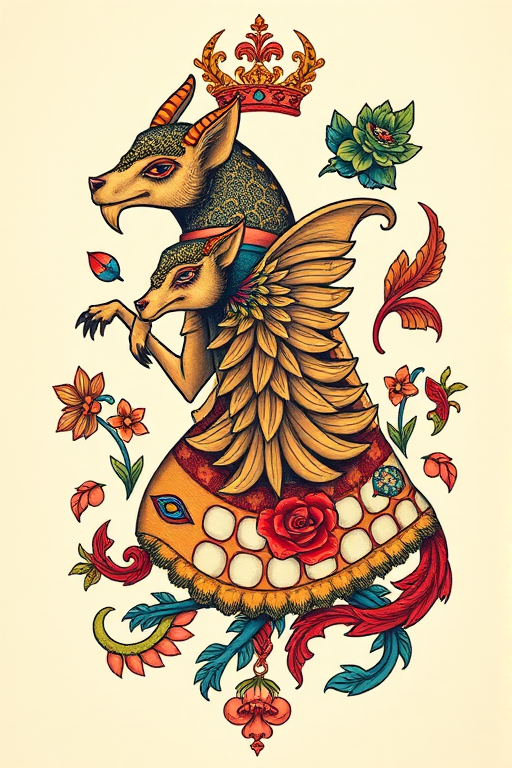 Neo-traditional tattoo titled "Regal Bestiary" featuring stylized animals with bold outlines ornate decorative elements and a rich jewel-toned color palette for a modern twist on classic designs