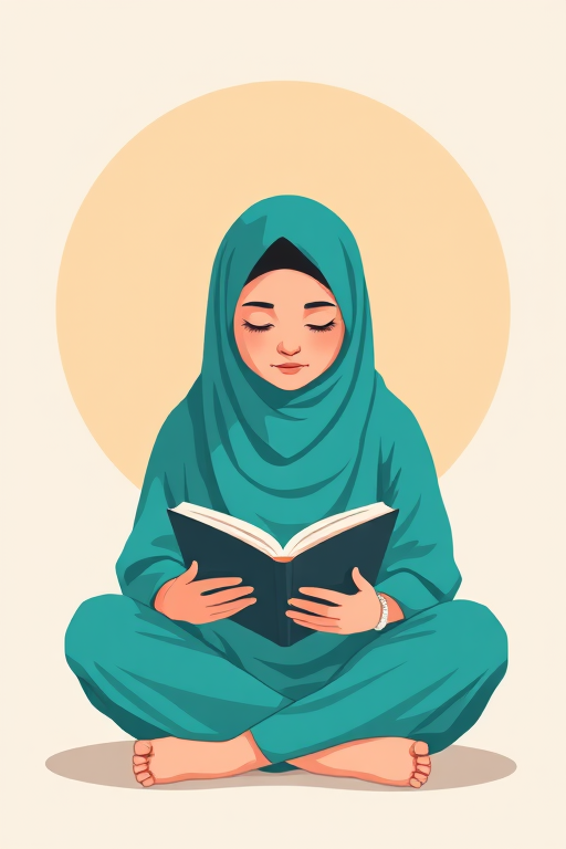 A serene illustration of a girl in a turquoise hijab sitting cross-legged while reading a book, with a soft circular beige background, shot with a Canon EOS R5, 50mm lens, f/1.8, ISO 100, natural lighting for enhanced colors and details.