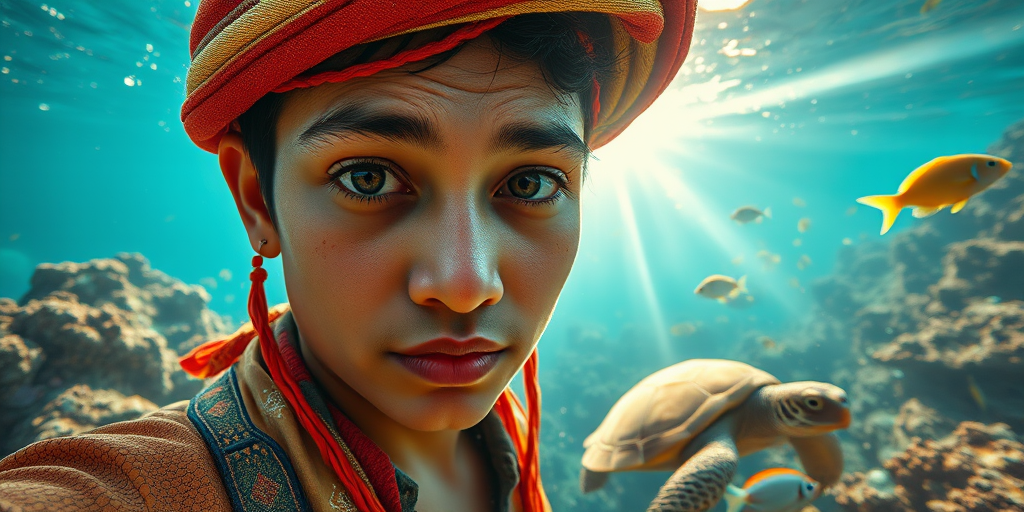 Realistic selfie image of a Nepali, wearing a vintage outfit, detailed dreamy eyes, droopy hooded eyes, staring at the camera, taken underwater at coral reef with a sunbeam filtering through the water, vibrant, summer vacation, natural lighting, turtle and school of tropical fish with vibrant colors, rendered in the style of CryEngine, Pegi Nicol MacLeod, with realistic genre scenes, hauntingly beautiful narratives, ultra-realism, and Thomas Saliot's close-up technique, 8K resolution, crystal clear and sparkling water.