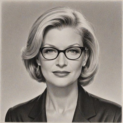 Enchanting Diane Sawyer, pencil sketch, portrait of Exquisite woman 1955s in glasses, hair style beatnik, outline, clear lines, fine lines, 8k