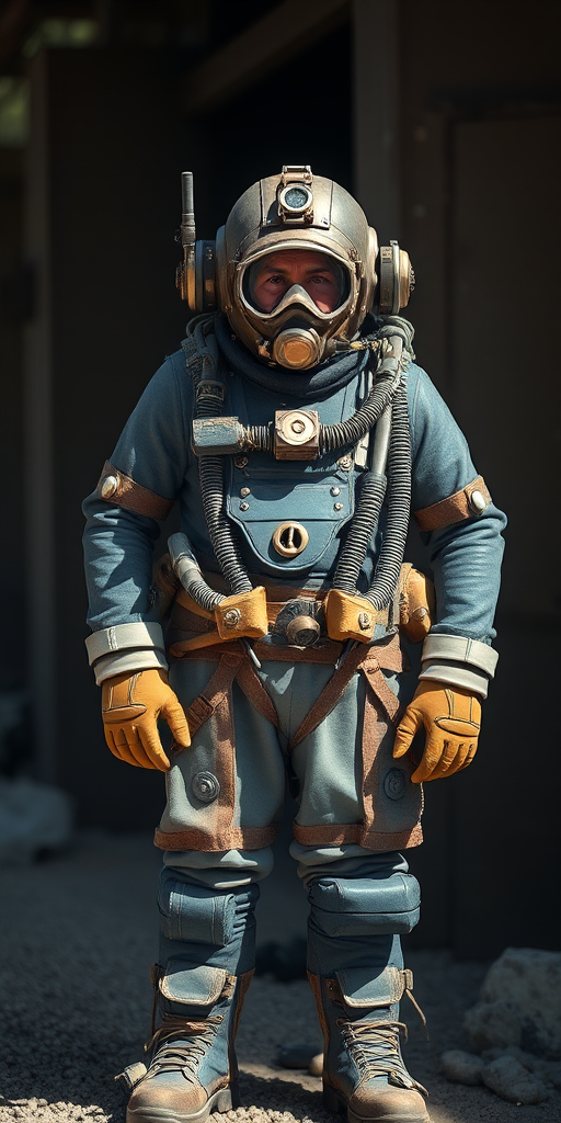 create a highly detailed illustration of a vintage deep-sea diver in full gear standing confidently, using a DSLR camera at 50mm focal length, aperture f/4, ISO 100, with a slightly low angle view to enhance perspective and dramatic effect, bright natural lighting to emphasize texture and details