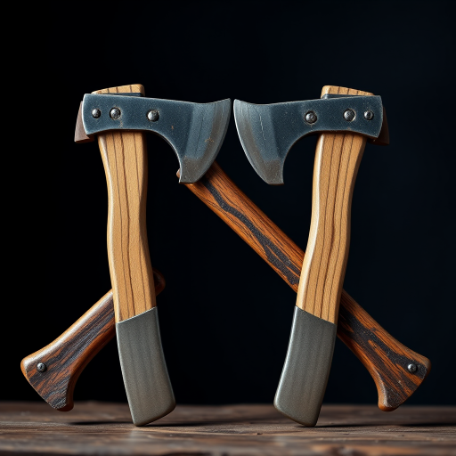 A pair of crossed double-headed axes with wooden handles arranged in an appealing composition, captured with a Canon EOS R5 camera, 50mm lens, f/1.8 aperture, ISO 100, and 1/200 sec shutter speed, soft focus background for enhanced detail and quality.
