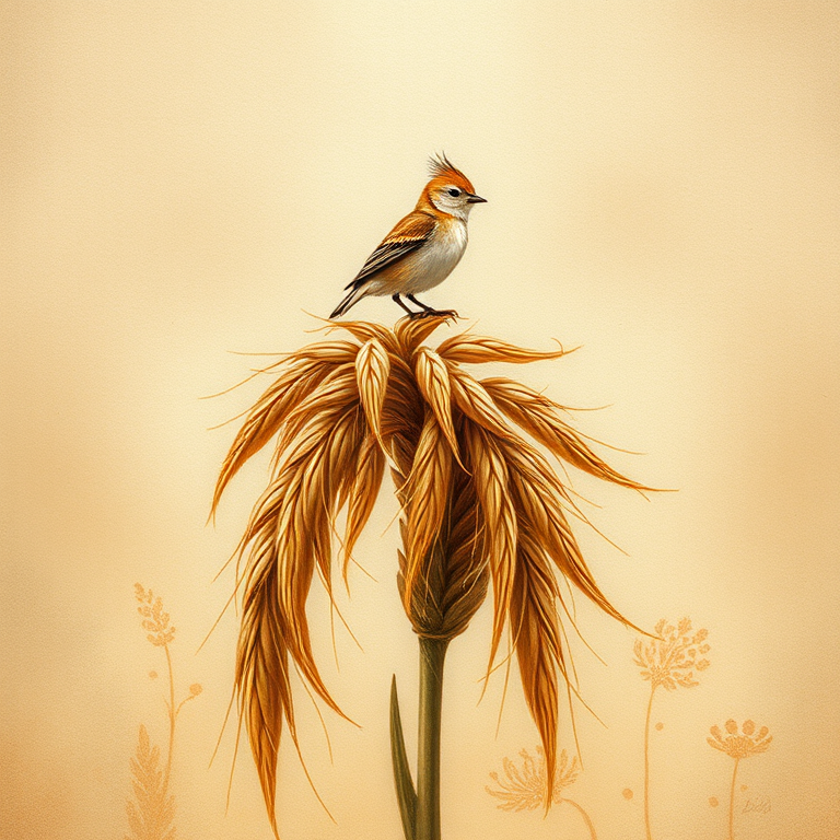 Soft, muted Alcohol Ink with ebru effect background image of tiny whimsical gazalle, who climbed high on the top of a golden rye ear.