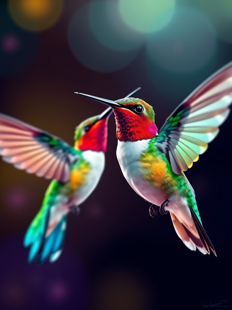 Create a vibrant illustration of two colorful hummingbirds in flight, focus on vivid reds, greens, and blues, using a Canon EOS R5, f/2.8 aperture, 1/500 sec shutter speed, ISO 100, shot from a low angle for a dramatic perspective, in high-resolution digital art style.