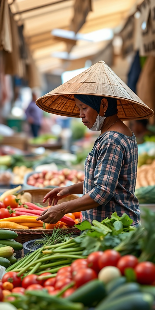 regenerate an image of a market scene featuring a vendor in a conical hat efficiently sorting through fresh vegetables, captured with a Canon EOS R5, 50mm lens, f/1.8, ISO 100, in natural light, with a shallow depth of field for a blurred background effect