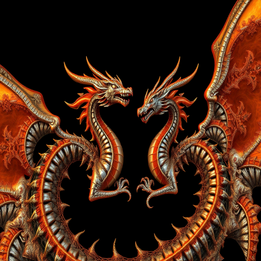 Create a high-resolution fractal artwork featuring two intricately designed dragon-like figures with fiery orange and metallic accents against a black background, captured with a DSLR camera using a 50mm lens at f/1.8, ISO 100, and a shutter speed of 1/125s, employing a macro photography style to emphasize detail and texture.