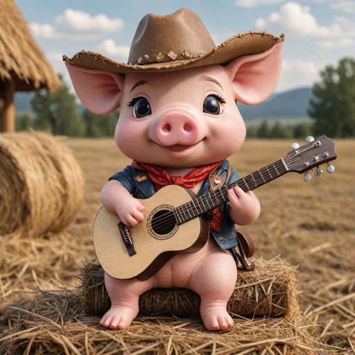 A chibi pig, dressed as a cowboy, playing guitar, sitting on a hay bale