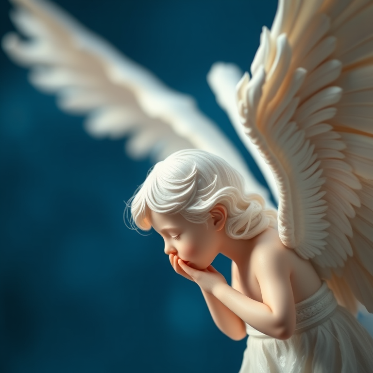 Create an ethereal angel with large wings, weeping, set against a deep blue background, using a DSLR camera, aperture f/4, shutter speed 1/125s, ISO 200, at a close-up angle with a soft focus style for a dreamy effect.