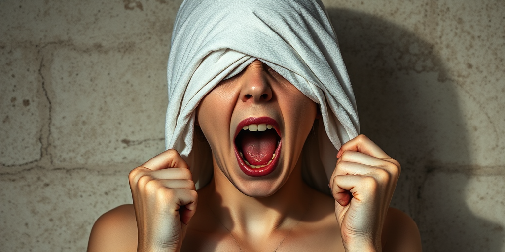 Create a close-up photographic image of the head and torso of a person with light skin tones shown against an old, worn wall. Their head is wrapped in a white cloth covering (i.e.... parts of the head except the nose and mouth, which are open as if they are screaming...), with a slight texture and visible folds in the fabric. Thin strands of blonde hair escape from the wrapping above, falling lightly at the top and sides. Their hands hold the fabric as if they are tugging nervously. The lighting is dramatic and even, casting strong shadows. The image has a minimalist and surreal style with an emphasis on simplicity with soft color tones. The composition is centered.