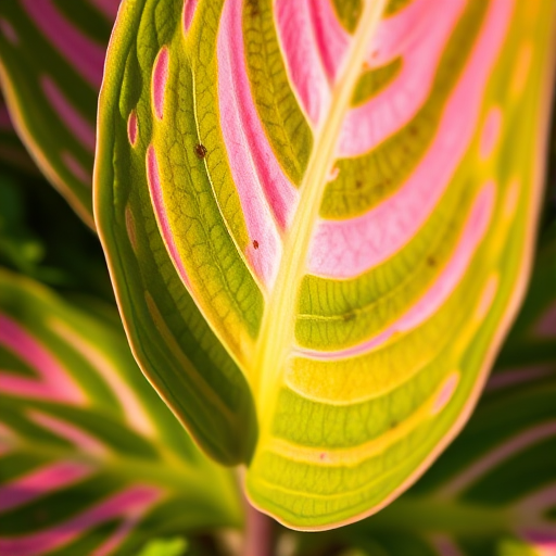 Capture a vibrant leaf of a plant with rich green and pink variegation under natural light, using a DSLR camera with a macro lens at f/2.8, 1/250s shutter speed, ISO 100, positioned at a 45-degree angle to emphasize texture and detail.